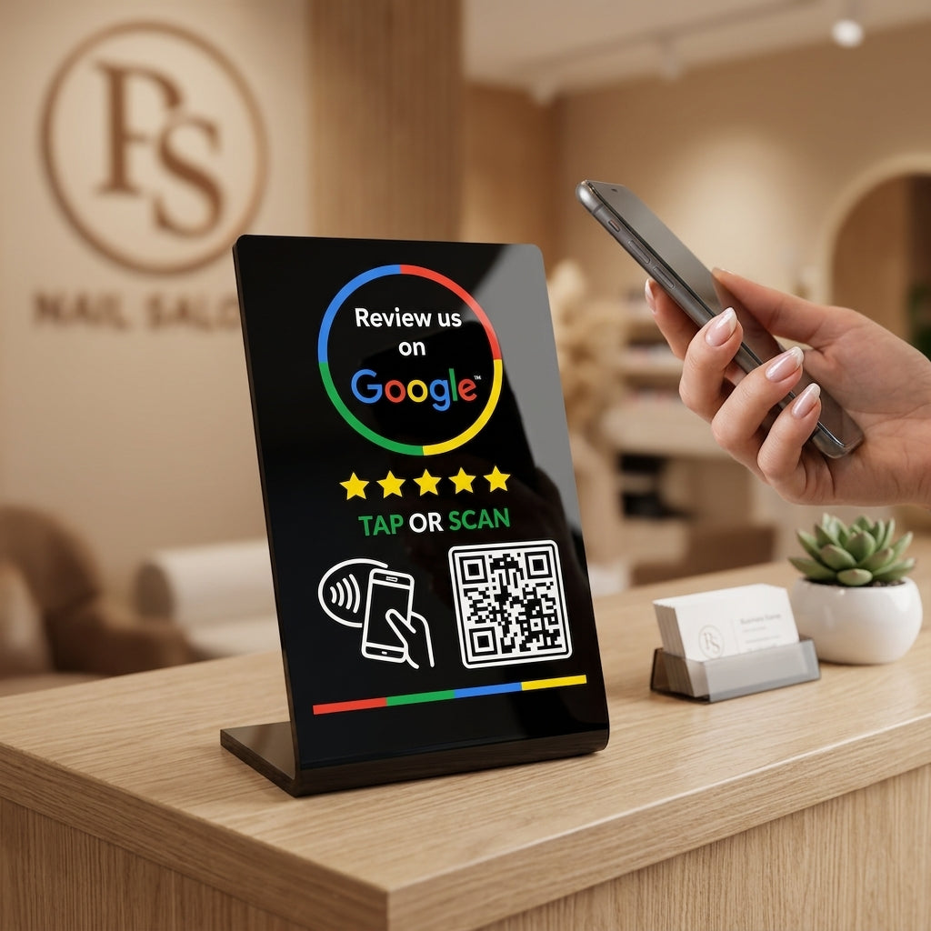 Customer tapping a phone on a black Google review stand on a salon counter