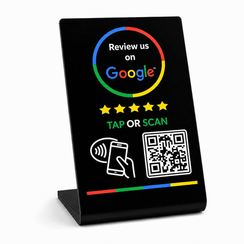 Black acrylic Google review stand with Review us on Google, five stars, TAP OR SCAN, an NFC icon, and a QR code